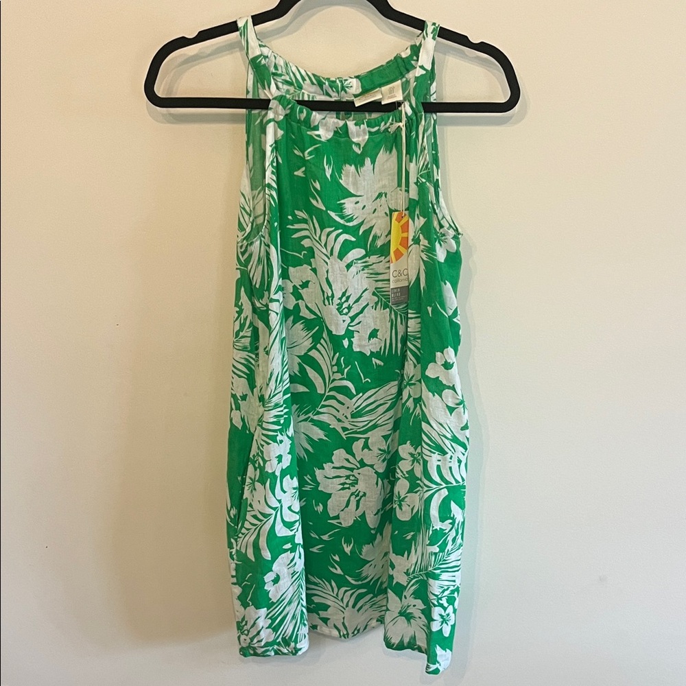 C&C California Green and White Tropical Halter Mini Dress
